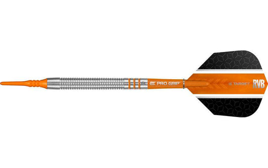 RVB80 80 Tungsten soft tip dart with orange grooves, Pro Grip shaft, Pixel tips, and Vision Ultra flights, 18g weight