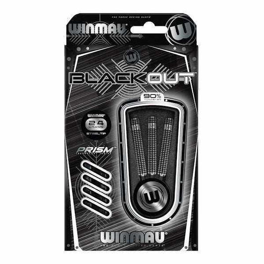 Winmau Blackout 90% Tungsten dart barrels with shafts, flights, and point protector in black packaging