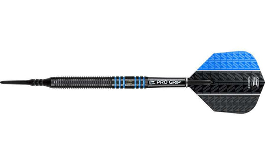 Vapor8 Black Blue soft tip dart with 80% tungsten barrel and blue ring accents