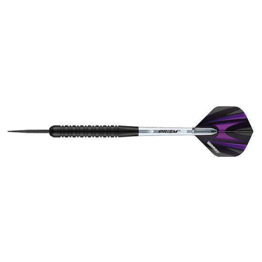 Apocalypse Black Brass dart with black coated brass barrel, clear prism shaft, and purple flights