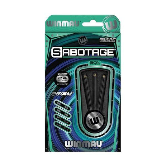 Winmau Sabotage 90% Tungsten darts with Ripsaw grip and Onyx coating in retail packaging