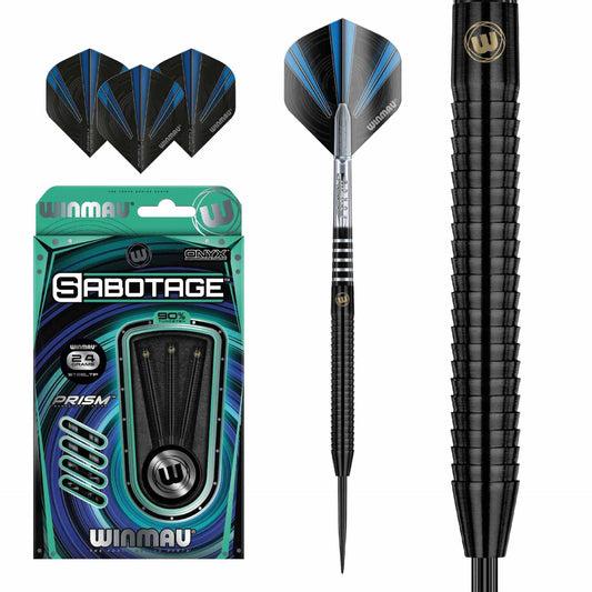 Sabotage 90% Tungsten darts with Ripsaw grip, Onyx Coated barrels, black Prism shafts, and Prism Alpha flights