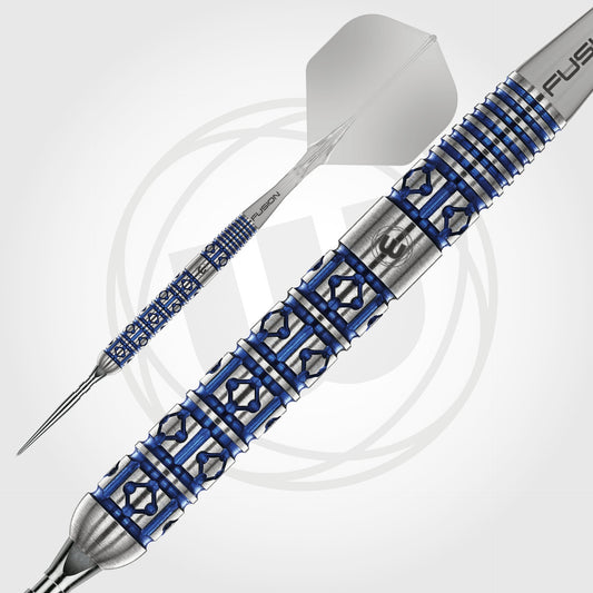 Silver and blue dart with intricate design on a white background