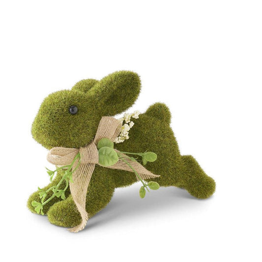 5.25 INCH GREEN MOSSY LEAPING BUNNY W/BURLAP BOW