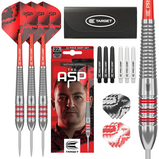 ASP darts set with packaging and additional darts on a white background