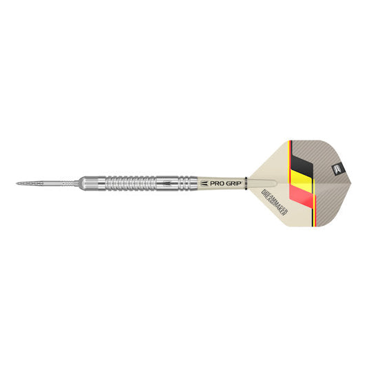 Dimitri Van Den Bergh G2 Swiss 90% Tungsten with a colorful flight on a white background