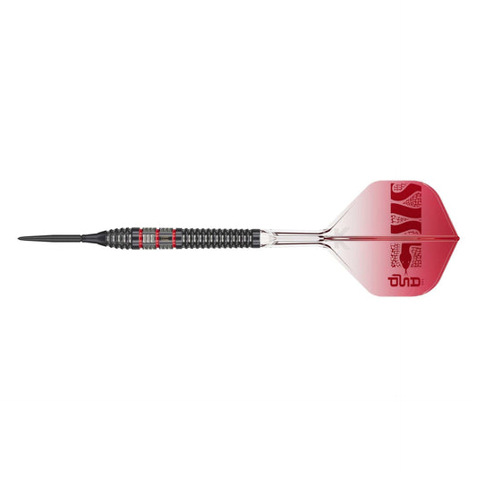 Nathan Aspinall 95% tungsten dart with black Swiss Storm point and red K-Flex flight