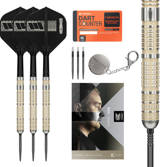 Van Den Bergh 95K G6 what's in the box Collection of darts, dart counter, and packaging on a white background