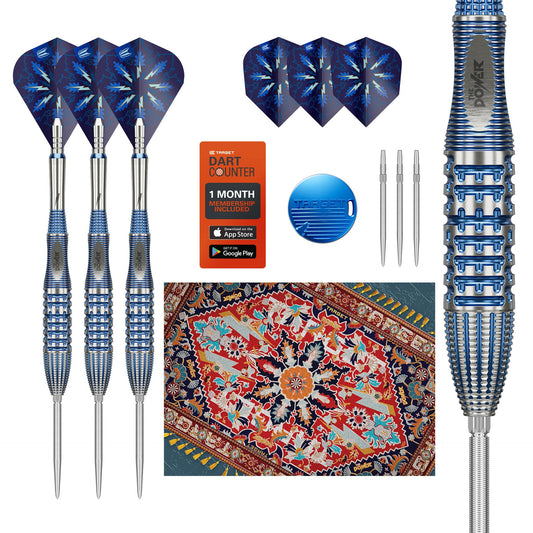 Set of darts with blue and silver design, dart bouncers, and a colorful rug.