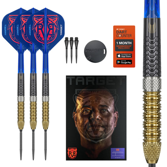 RVB G6 SP 95% Tungsten darts with blue and gold shafts, a dart counter app, and a Target branded box on a white background.
