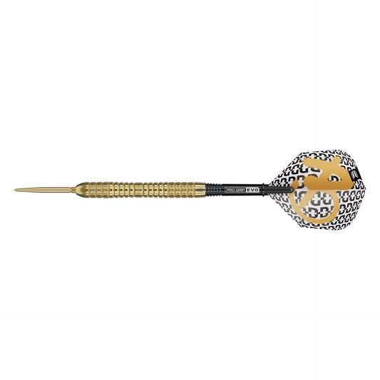 Gold and black dart with a patterned head on a white background