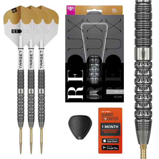 Set of darts with silver and gold tips, dart counter, and packaging on a white background Redux 90% SP Tungsten what's in the box