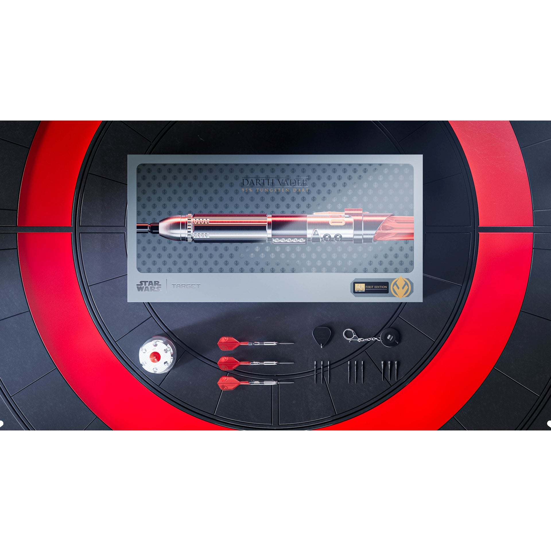 STAR WARS™ Darth Vader Lightsaber First Edition 95% SP Darts close up on black and red background STAR WARS™ Darth Vader Lightsaber First Edition 95% SP Darts close up on black and red background