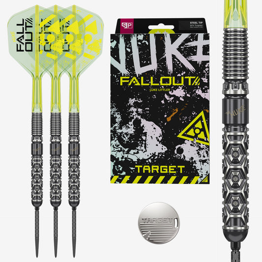 Luke Littler Nuke Fallout SP 90% Tungsten Darts featuring three darts with translucent neon yellow-green flights and black/silver barrels, alongside their retail packaging, a close-up of the barrel, and a silver steel tip.