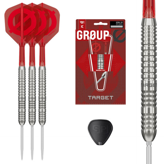 Darts with silver tungsten barrels, ribbed grip, red flights and integrated shafts, packaged as Hydro 90% SP Tungsten set.