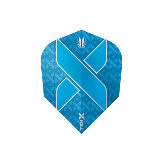 Blue Target TEN-X dart flight with geometric patterns and logo design
