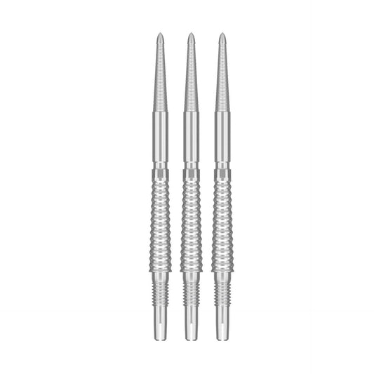 Swiss Storm LNC Points are three silver metal dart points with tapered tips, smooth centres and ridged grip sections.