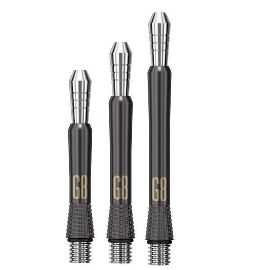Power Titanium G8 Shaft set of three black and silver precision-engineered dart shafts in short, intermediate, and medium lengths with milled grip and PVD coating