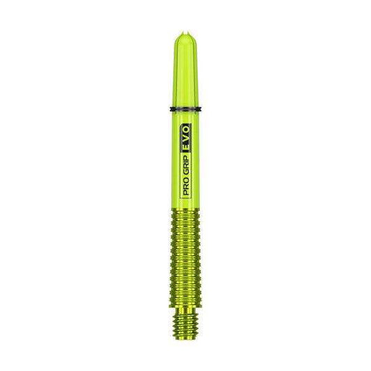 Pro Grip EVO aluminium dart shaft in bright lime green with a ribbed grip and nylon top collar