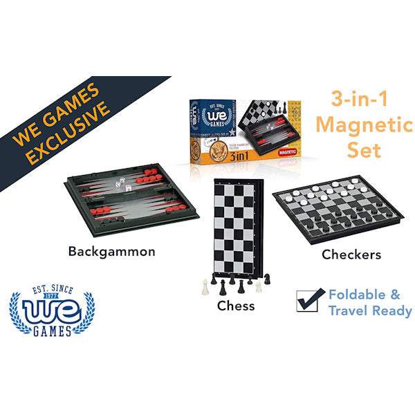 Magnetic 3N1 Chess Checker Backgammon travel set with foldable, reversible magnetized boards and playing pieces including dice and doubling cube by WE Games Magnetic 3N1 Chess Checker Backgammon travel set with foldable, reversible magnetized boards and playing pieces including dice and doubling cube by WE Games