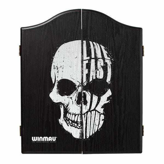 Winmau Black Skull Cabinet with live fast die young skull design for dartboards, black veneer effect, magnetic closure, and easy-wipe scoring panels