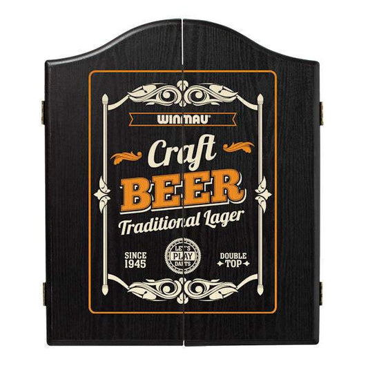Winmau Craft Beer cabinet with black, cream, and orange design for dartboards