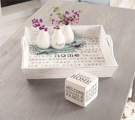 White-washed Happy Home Planked wood tray with cut-out handles and printed home and happy phrases
