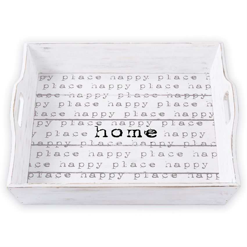 White-washed Happy Home Planked wood tray with cut-out handles and printed home and happy place text White-washed Happy Home Planked wood tray with cut-out handles and printed home and happy place text