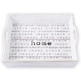 White-washed Happy Home Planked wood tray with cut-out handles and printed home and happy place text White-washed Happy Home Planked wood tray with cut-out handles and printed home and happy place text
