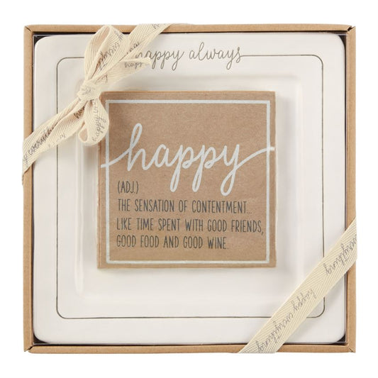 Happy Always Ceramic two-piece square ceramic cheese plate set with debossed sentiment and coordinating kraft napkins in gift box