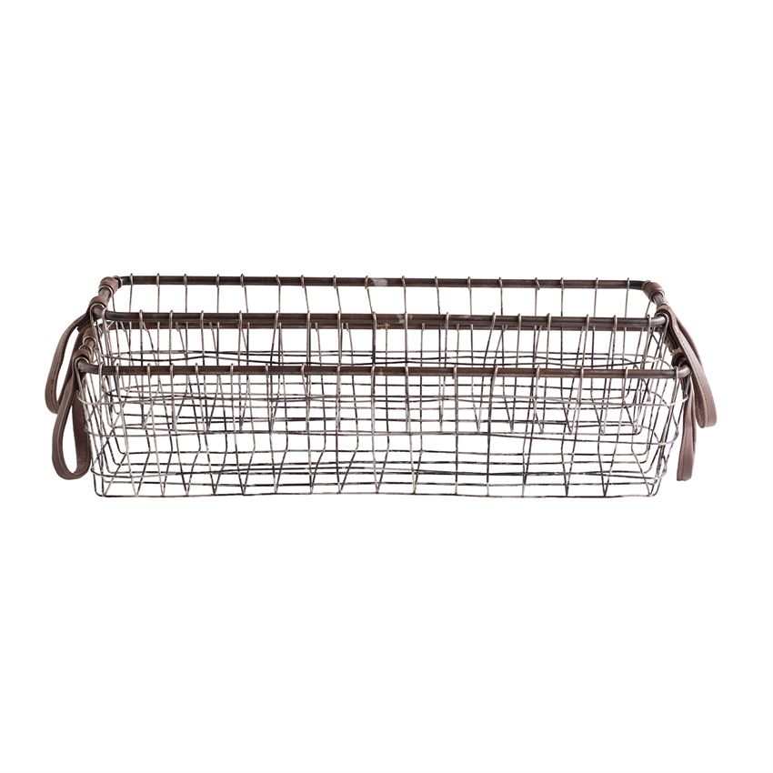 Set of 2 long wire baskets with faux leather handles for storage and nesting Set of 2 long wire baskets with faux leather handles for storage and nesting