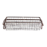 Set of 2 long wire baskets with faux leather handles for storage and nesting Set of 2 long wire baskets with faux leather handles for storage and nesting
