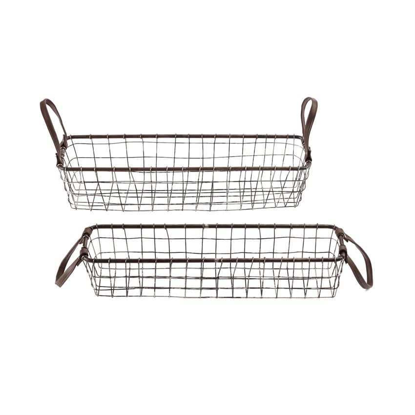Set of 2 long wire baskets with faux leather handles for storage and organization Set of 2 long wire baskets with faux leather handles for storage and organization