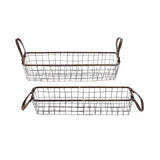 Set of 2 long wire baskets with faux leather handles for storage and organization Set of 2 long wire baskets with faux leather handles for storage and organization