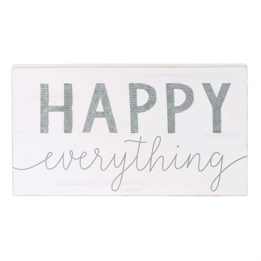 Happy Wood & Tin white-washed wooden wall plaque with corrugated galvanized tin letters and "everything" printed text Happy Wood & Tin white-washed wooden wall plaque with corrugated galvanized tin letters and "everything" printed text