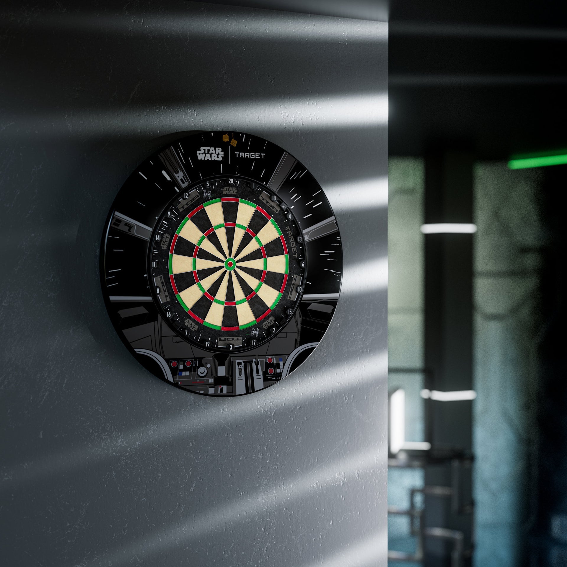 Dartboard with Star Wars design on a wall Dartboard with Star Wars design on a wall