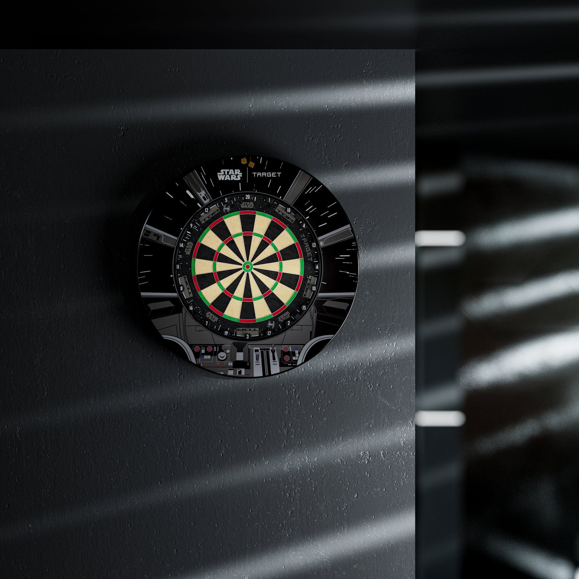 Dartboard with a black frame on a dark background Dartboard with a black frame on a dark background