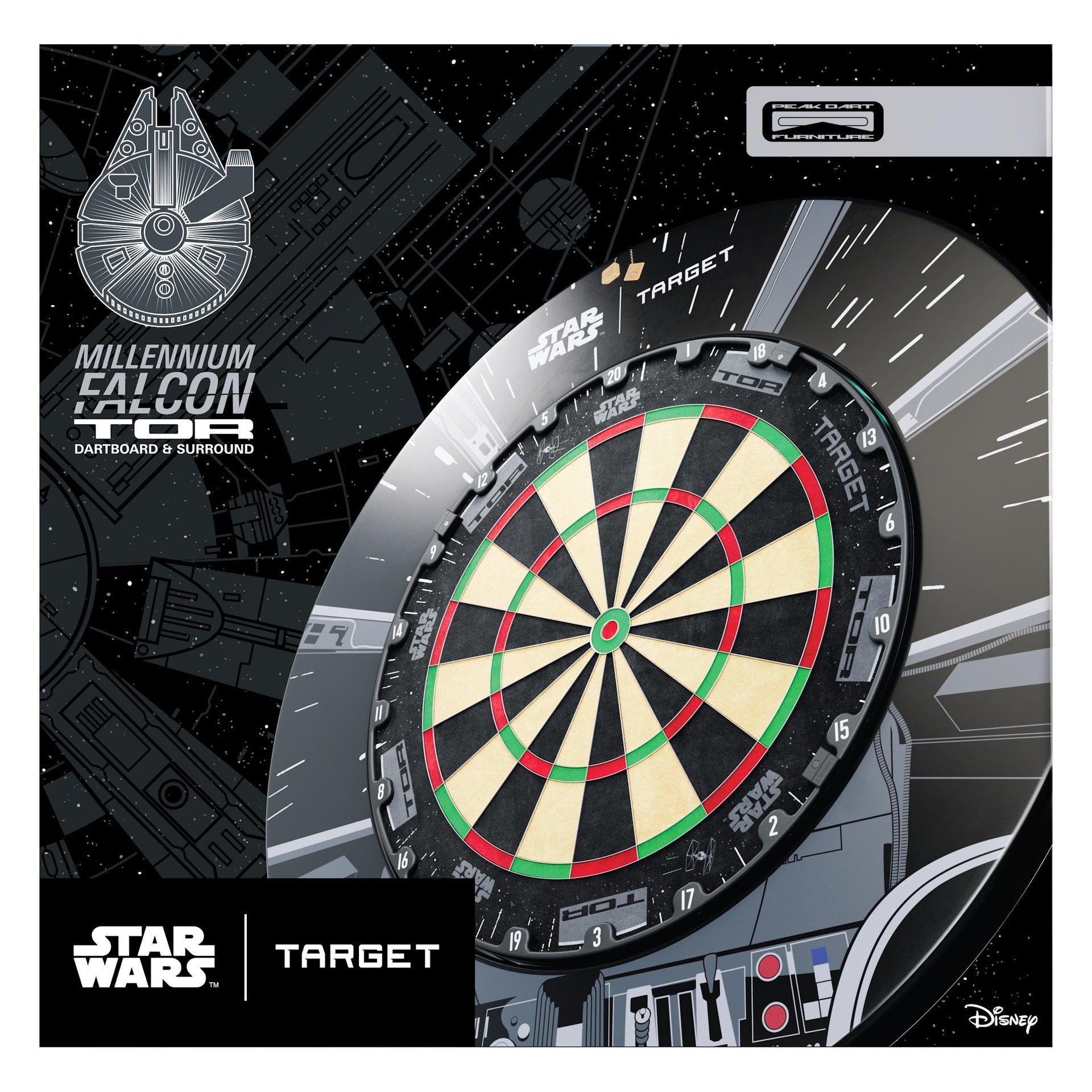 Dartboard with Millennium Falcon design on a Target branded background Dartboard with Millennium Falcon design on a Target branded background