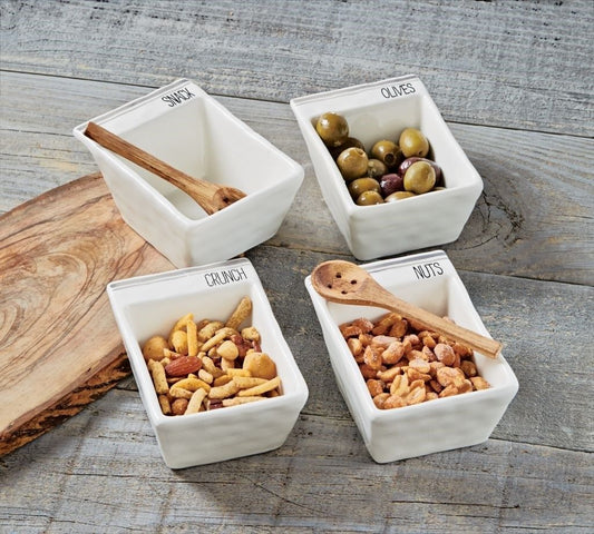 Ceramic snack dish set with "Crunch" and "Nuts" bowls, wooden spoons, and gray accent stripes