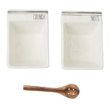 Ceramic snack dish set with "CRUNCH" and "NUTS" labels, gray accent stripes, and wooden serving spoon Ceramic snack dish set with "CRUNCH" and "NUTS" labels, gray accent stripes, and wooden serving spoon