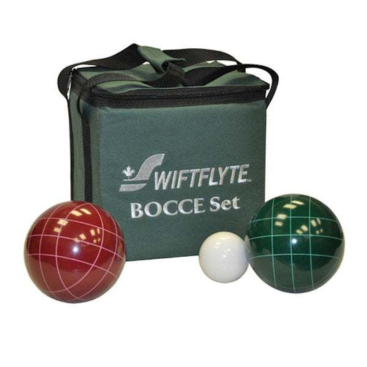 Bocce Professional 113mm Set with red and green composite balls, white scoring jack, and green deluxe canvas carry case