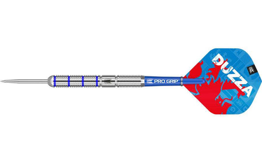 Glen Durrant 80 tungsten dart with 80% tungsten barrel, blue ring grooves, and Duzza flights.