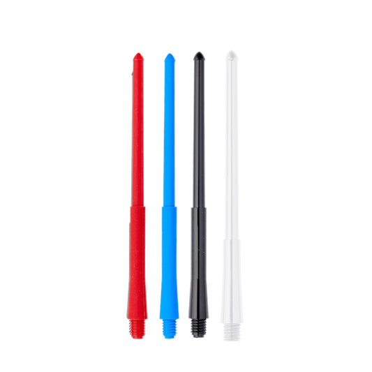 Winmau Stealth Shafts in red, blue, black, and white with X-Wing technology for stable dart flight and durability