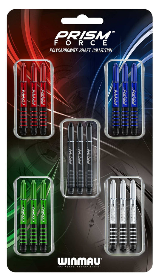 Winmau Prism Force Shaft Collection five sets of colorful translucent polycarbonate dart shafts with grip zones for control