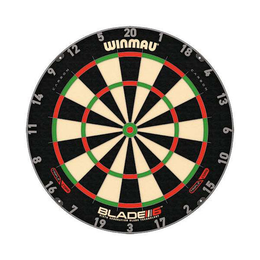 Winmau Blade 6 Triple Core dartboard with carbon fiber reinforced sisal and laser cut anti-glare ring