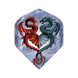 Close-up of an Alchemy Flights dart flight featuring red and blue dragons in a heart shape on a gray background Close-up of an Alchemy Flights dart flight featuring red and blue dragons in a heart shape on a gray background