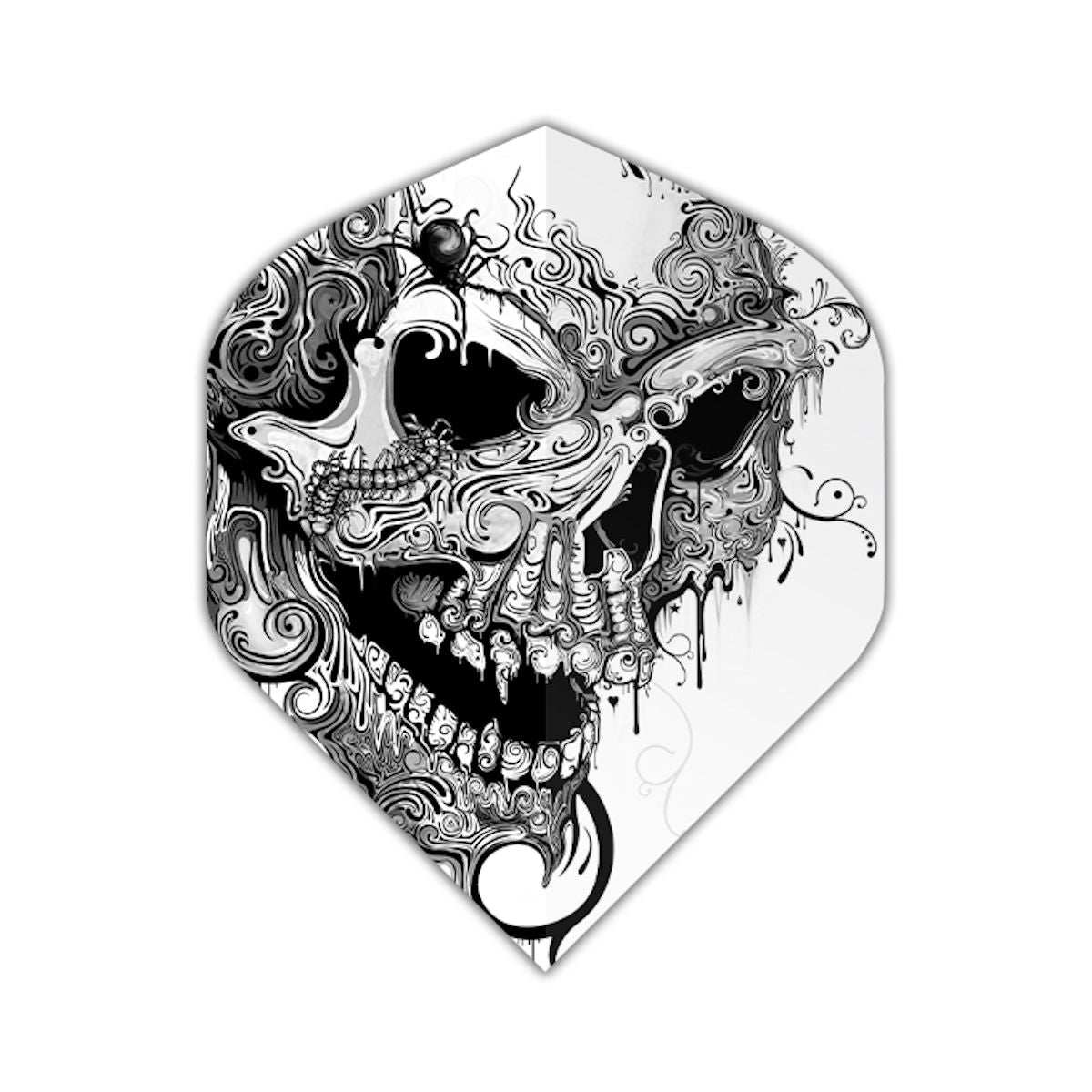 Black and white intricately designed Alchemy Flights dart flight featuring a detailed skull illustration Black and white intricately designed Alchemy Flights dart flight featuring a detailed skull illustration