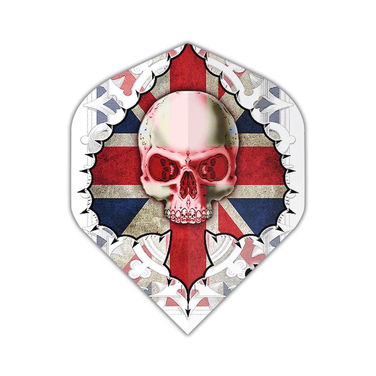 Extra tough Alchemy dart flight featuring a skull over the British flag design Extra tough Alchemy dart flight featuring a skull over the British flag design