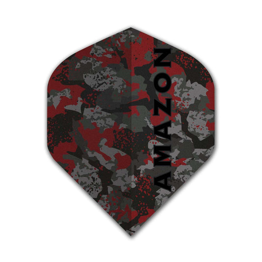 Amazon Flights extra tough poly dart flight with red and gray camouflage design and black Amazon logo
