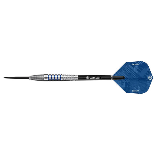 Datadart Alaris 90% Tungsten Darts with blue flight and silver shaft on a white background